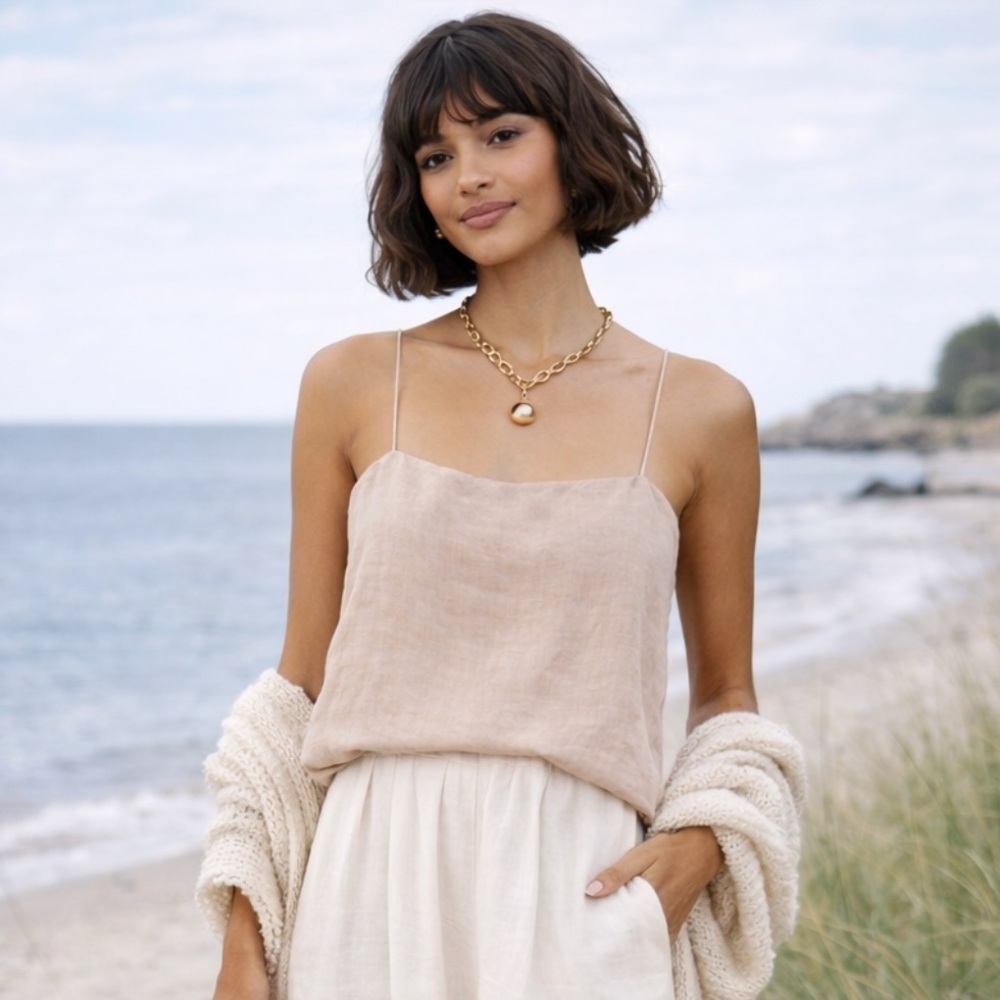 NWT Anine Bing Rose Linen Camisole Top in Neutral Oatmeal Size L